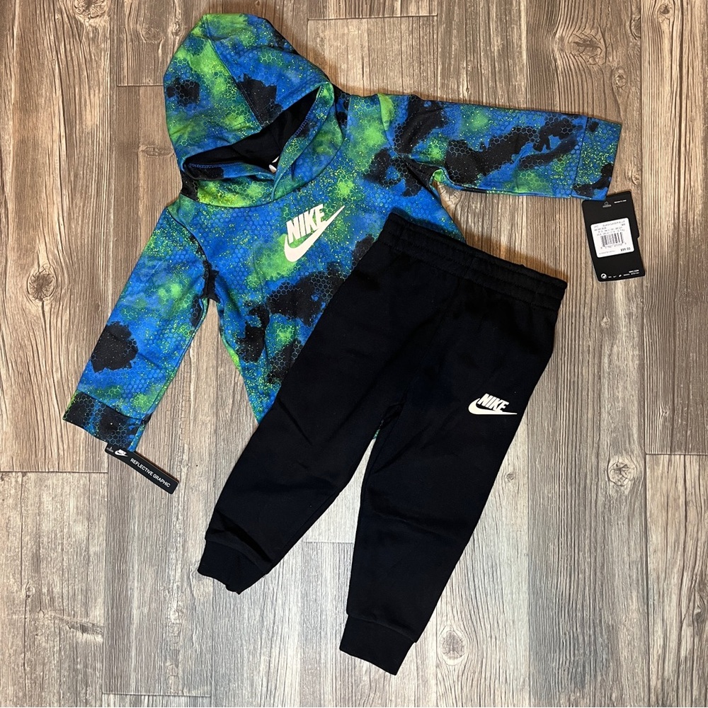 Nike Hoodie Jogger Sweatpants 2 Pc Boys 24M Black Blue Green Fleece Pockets NWT